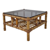 Table basse italienne en bambou avec verre fumé, années 1970