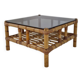 Italian bamboo coffee table with smoked glass, 1970s
