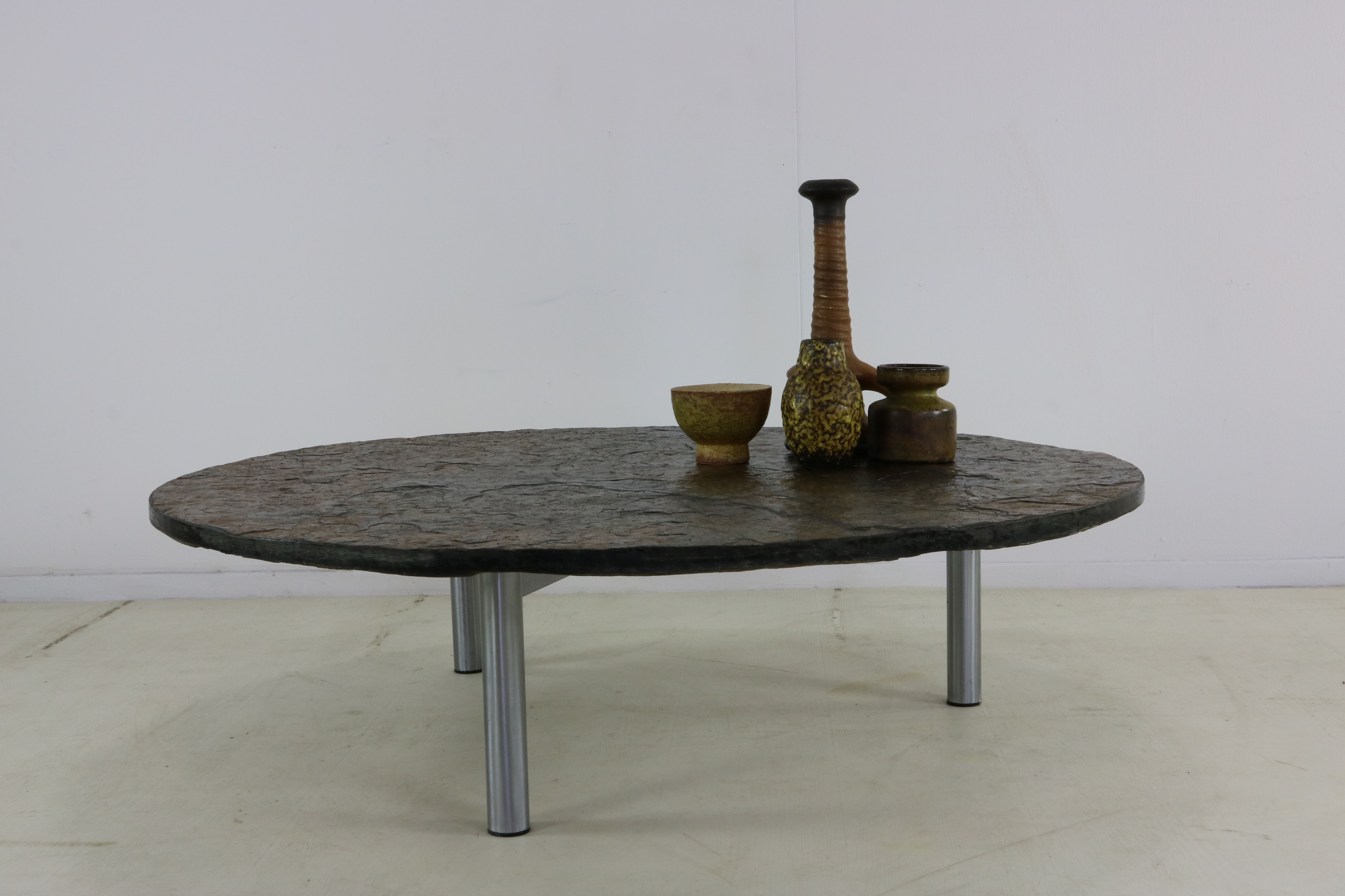 Large brutalist slate stone round coffee table