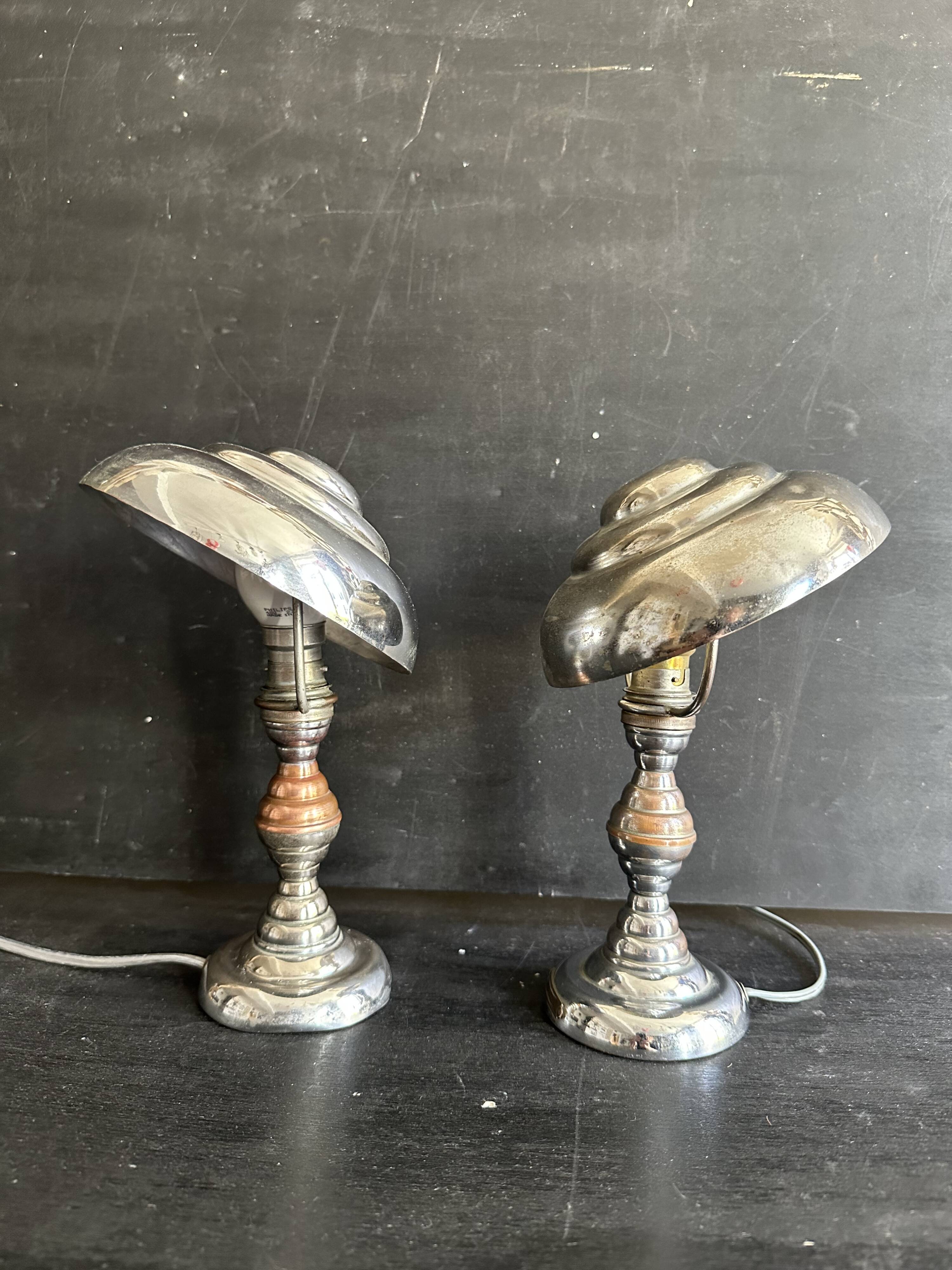 Pair of Art Deco ELAU mushroom lamps with adjustable nickel-plated metal.