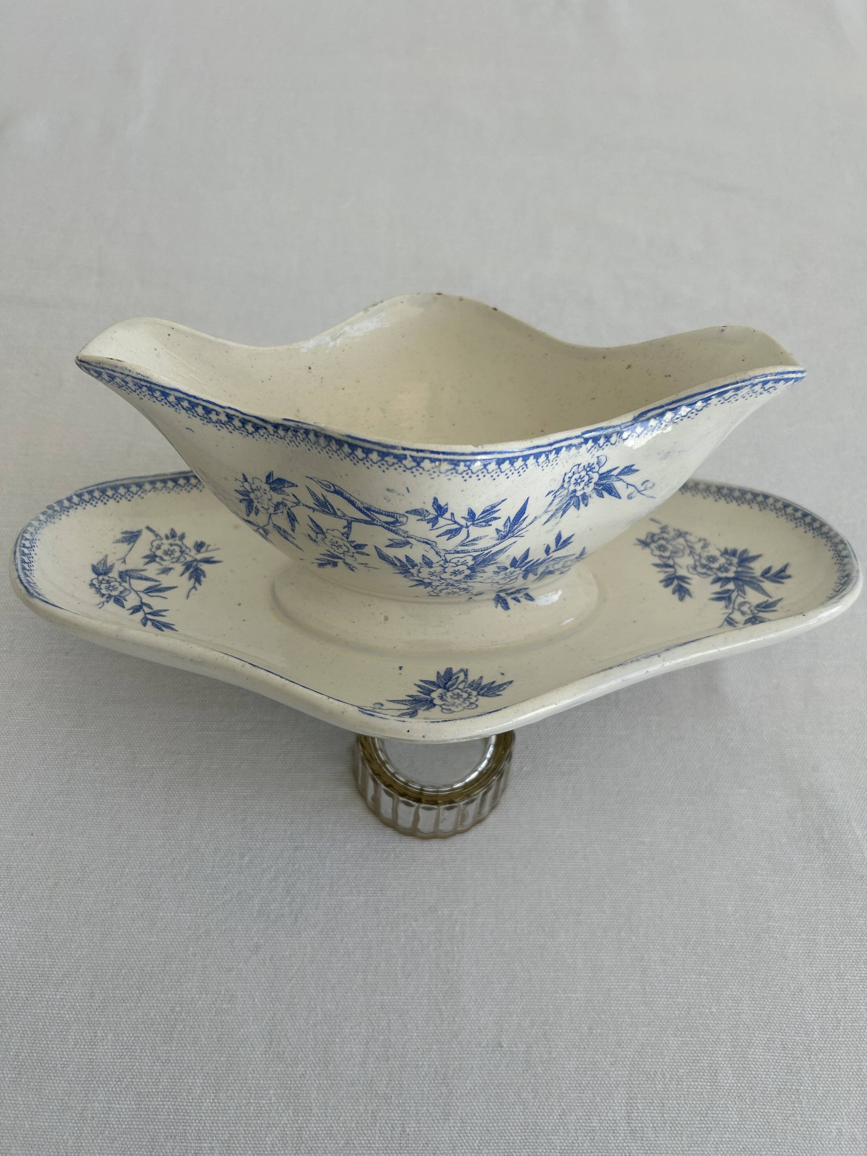 Antique sauce boat in earthenware – Grigny – blue floral decoration