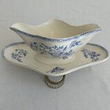 Antique sauce boat in earthenware – Grigny – blue floral decoration
