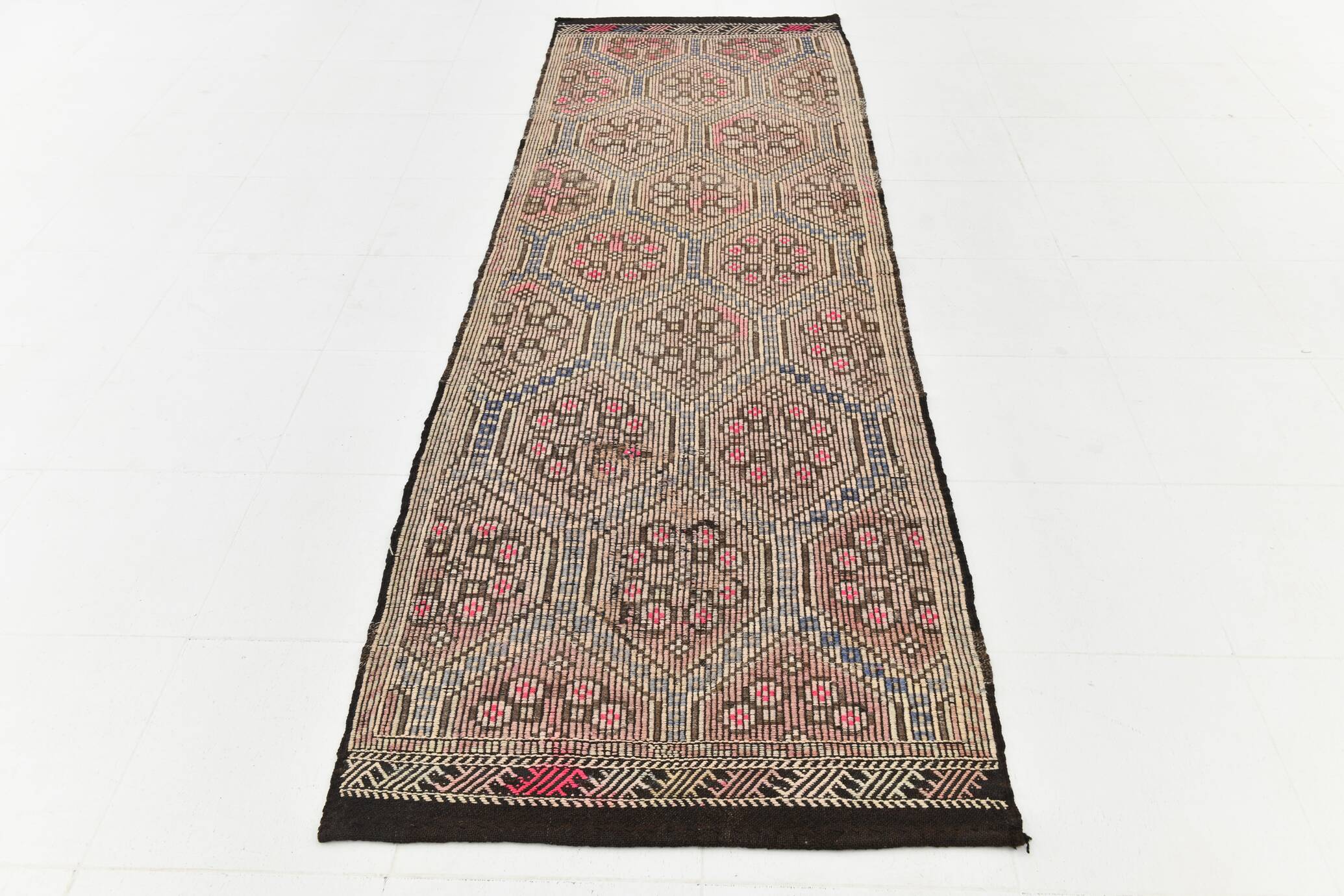 Blue Cream Persian Kilim Runner Rug, 95x313Cm