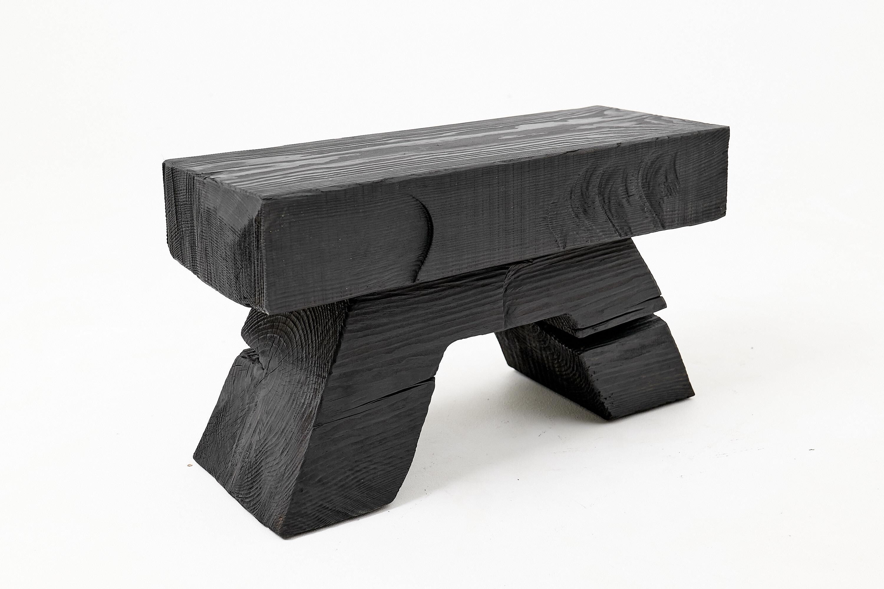 Sculptural Hardwood Stool, Side Table, Charred Wood, Hand-Carved, Logniture