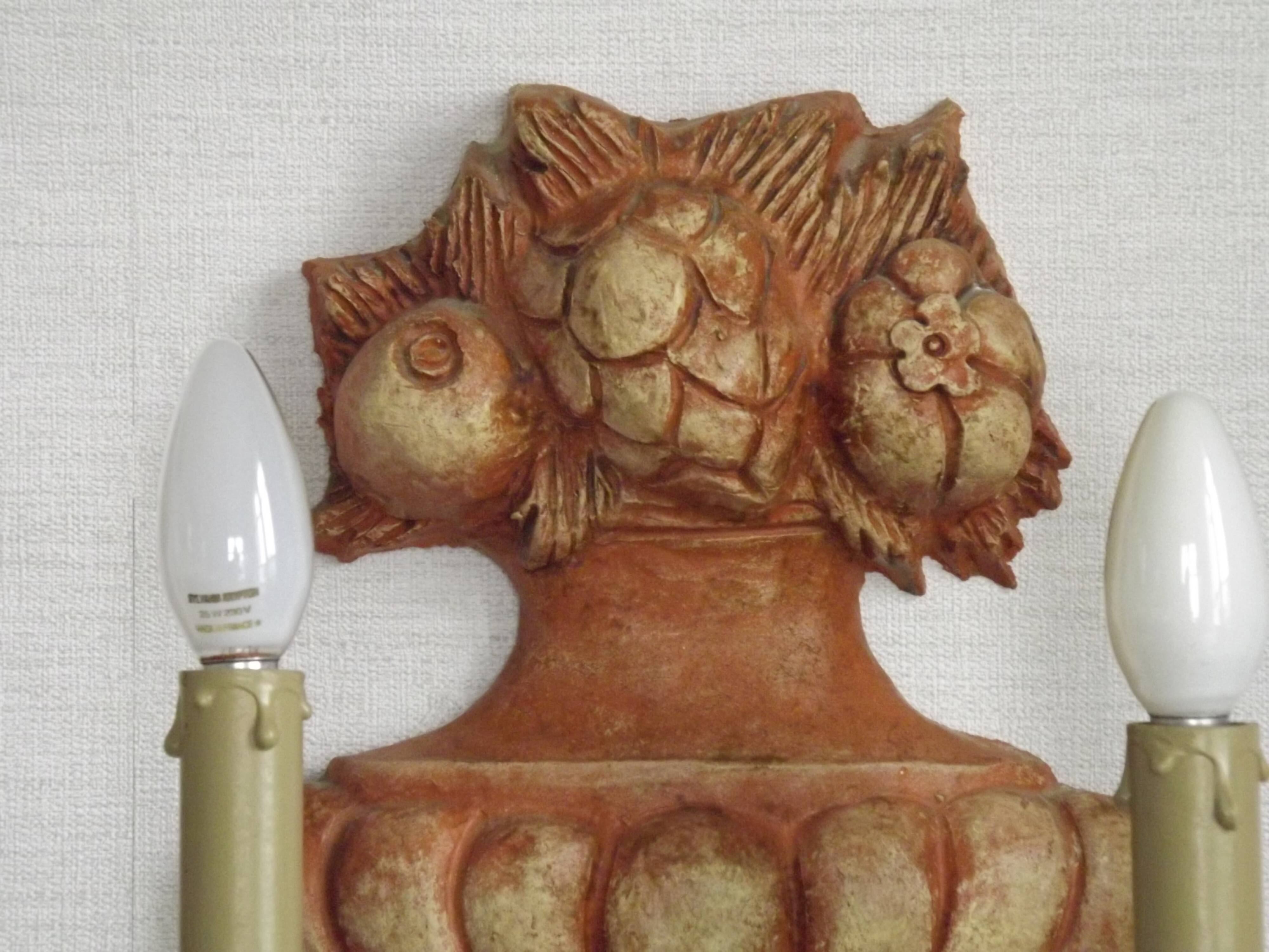 Rare Large Pair of French Terracotta Urn Fruit Basket Double Wall Lights