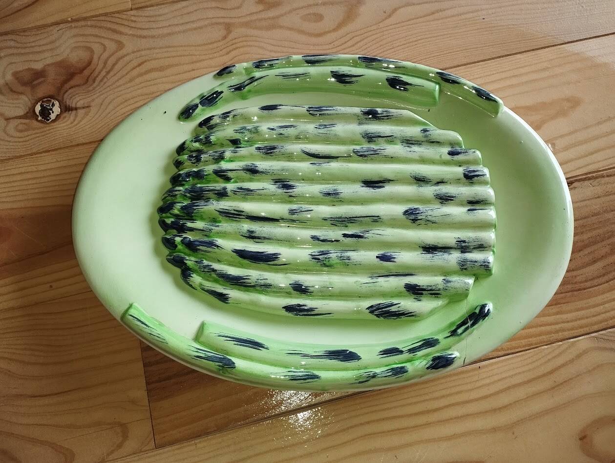 Vintage Vallauris asparagus dish in barbotine ceramic – 1950s
