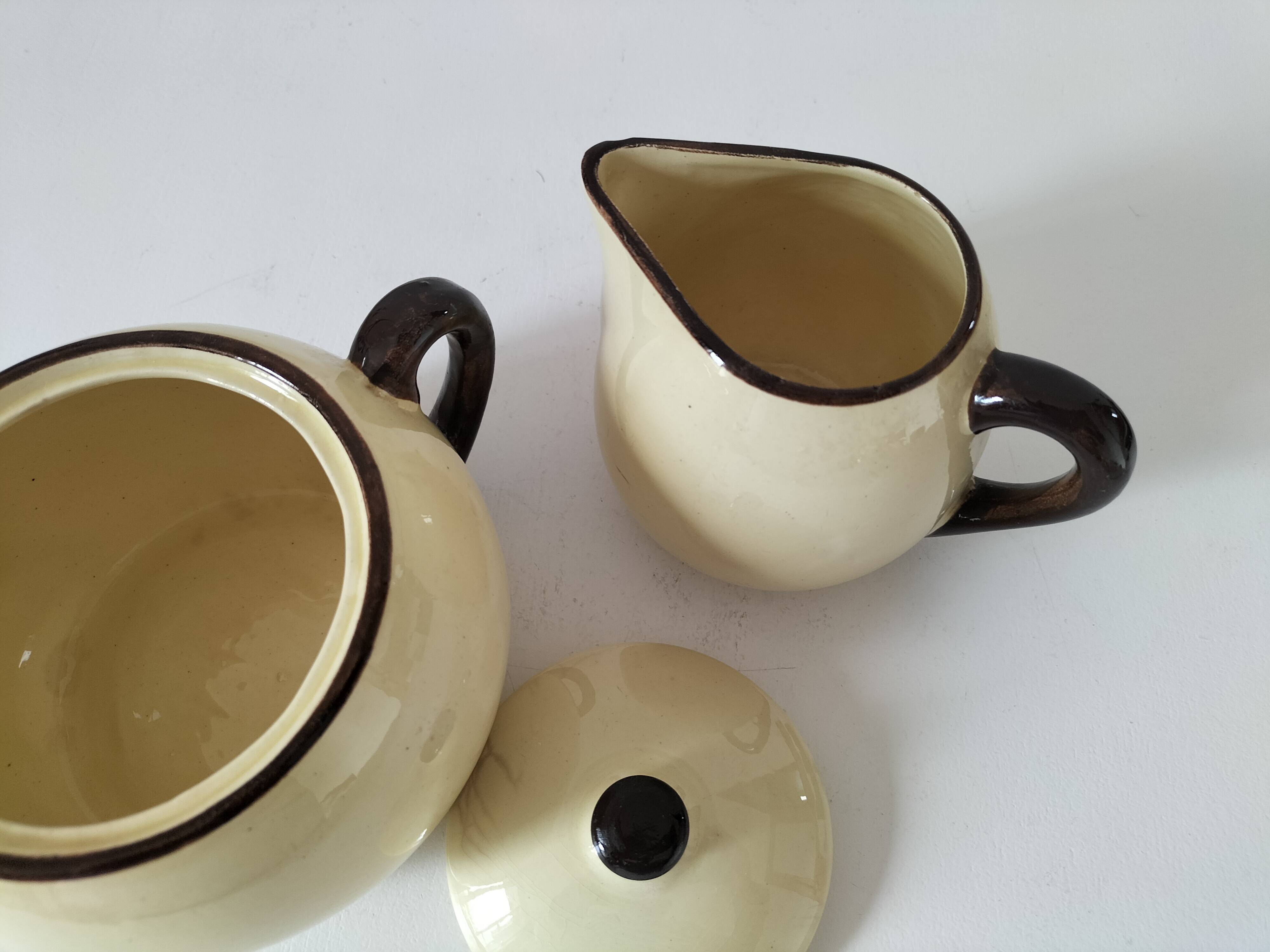 HBCM Sugar Bowl and Milk Jug Duo - Vintage Cream and Brown Earthenware
