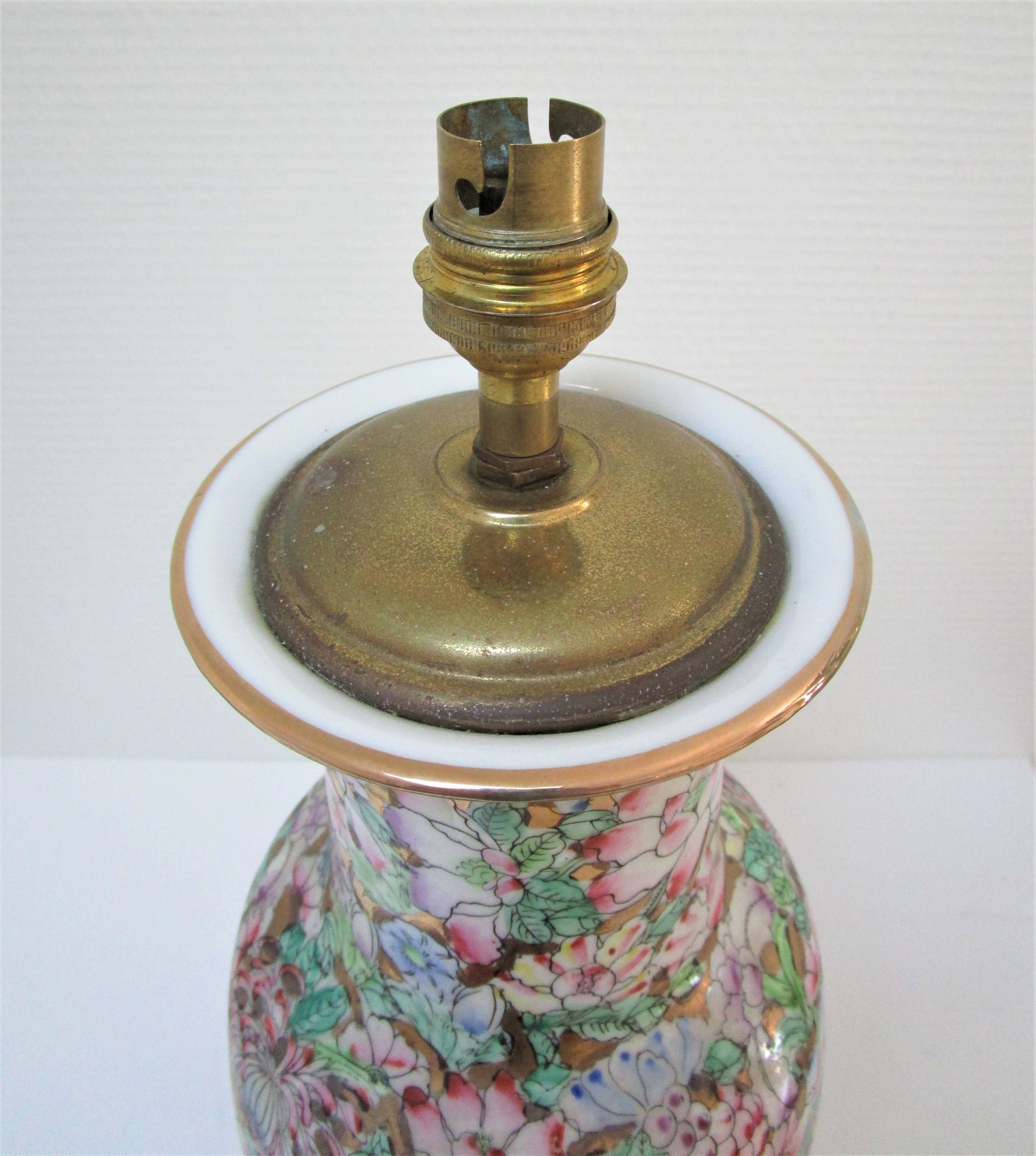 Chinese porcelain lamp foot with polychrome decoration of vintage flowers