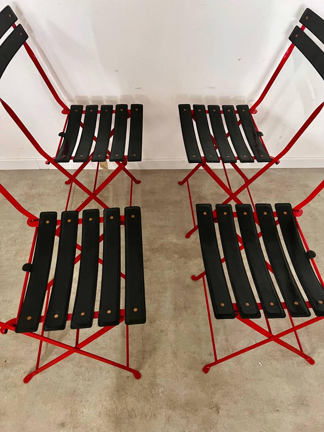 Set of 4 folding leather and metal chairs Italian design Zanuso for Zanotta Celestina vintage