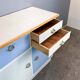 Kitchen cabinets, pastel blue and light gray, vintage from the 60s
