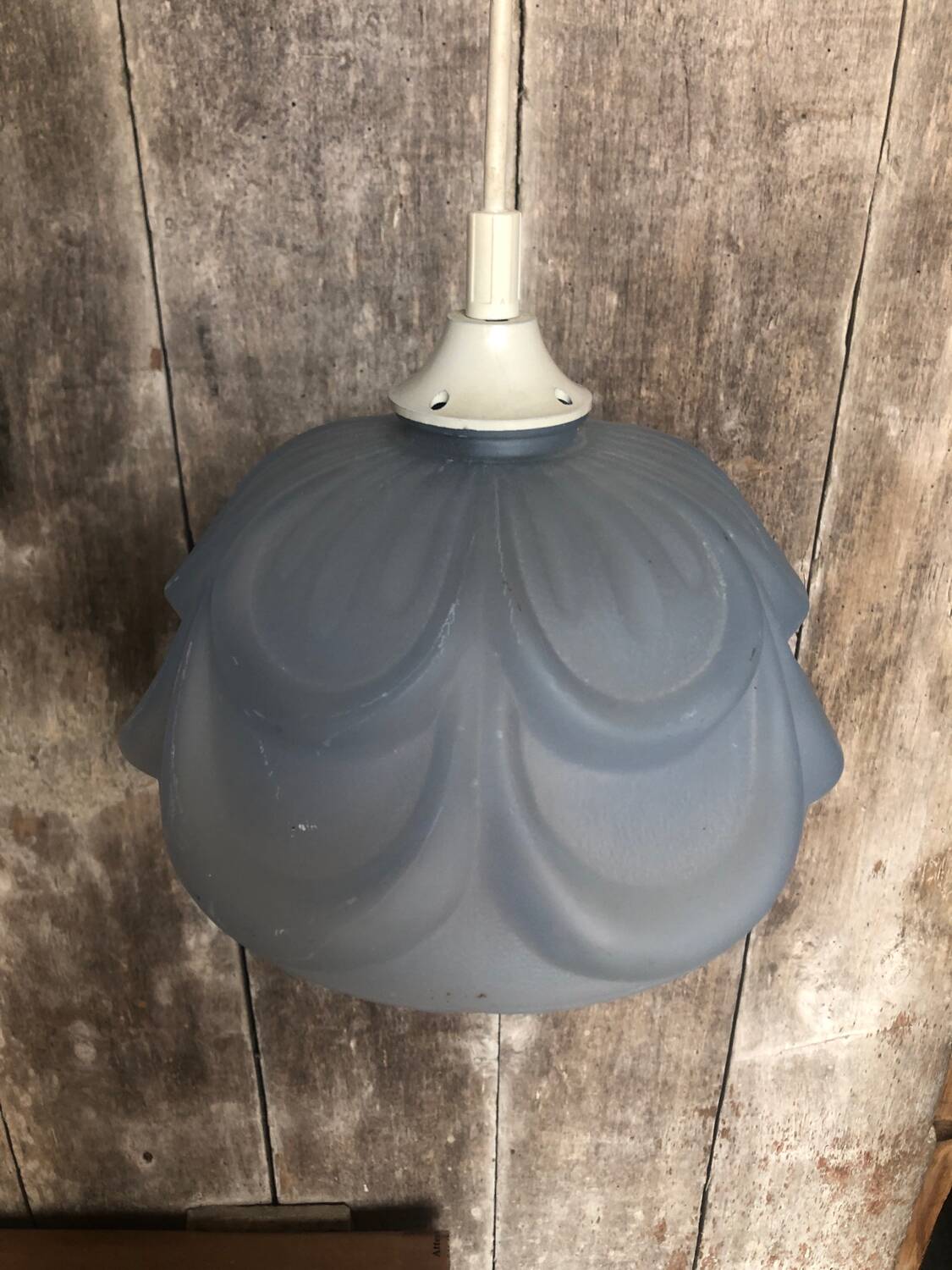 Ancienne Suspension Verre Moulé Bleu + Douille Vis Vintage #A708