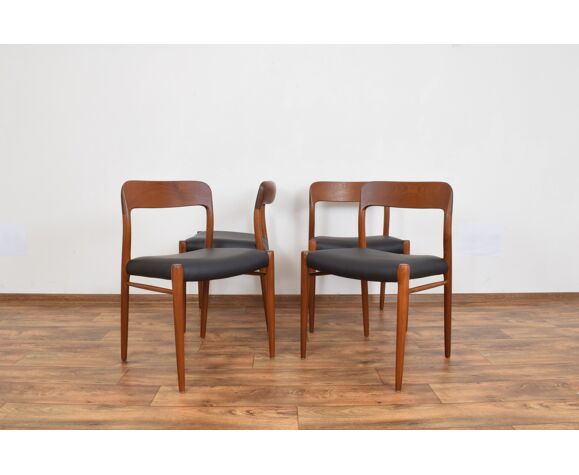 Set Of 4 Mid Century Danish Teak Leather Dining Chairs By N O Moller For J L Moller 1960s Selency