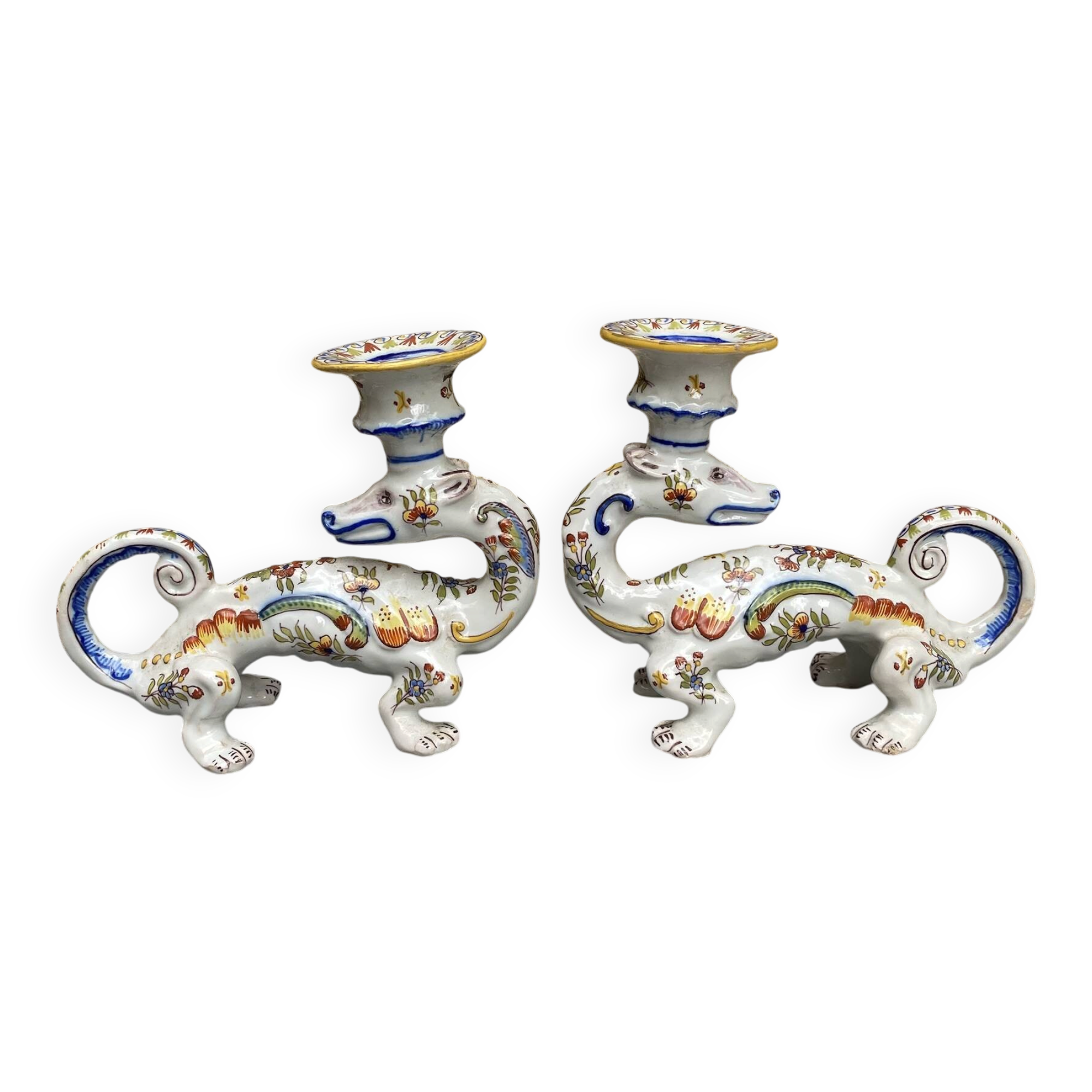 Pair of dragon candlesticks in Desvres earthenware, Rouen