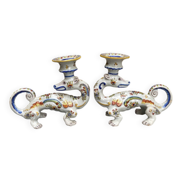 Pair of dragon candlesticks in Desvres earthenware, Rouen
