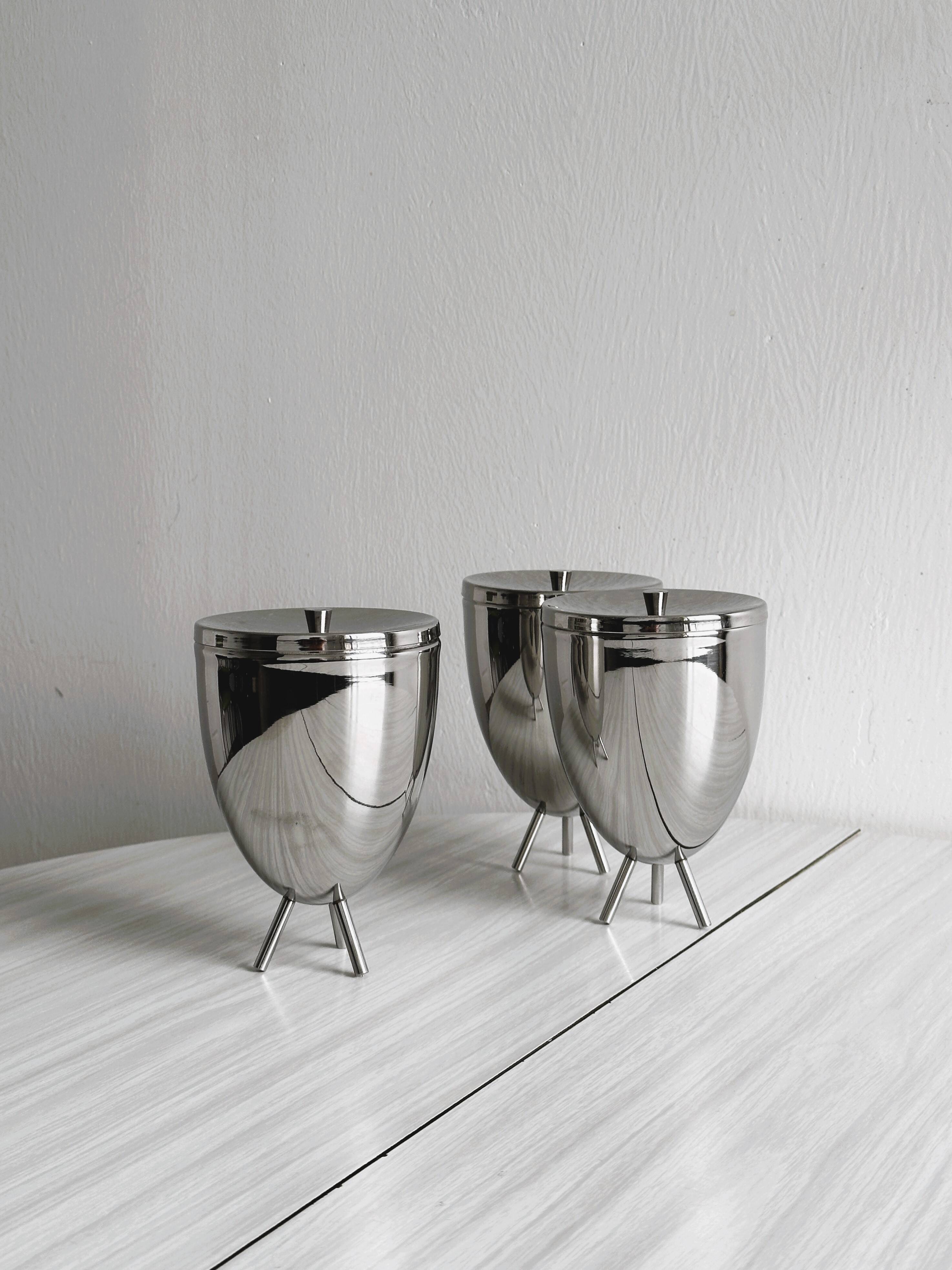 3 silver metal condiment pots