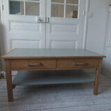 Coffee table made from a desk of the 40s, tray and green shelf