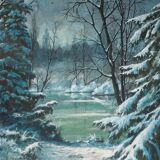 Painting Under snowy wood mountain landscape by Victor DUMAY (1901-1981)