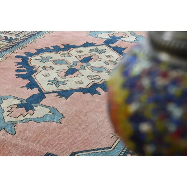1970s Turkish Oushak Handmade Wool Cotton Pink Blue Area Rug 196x286