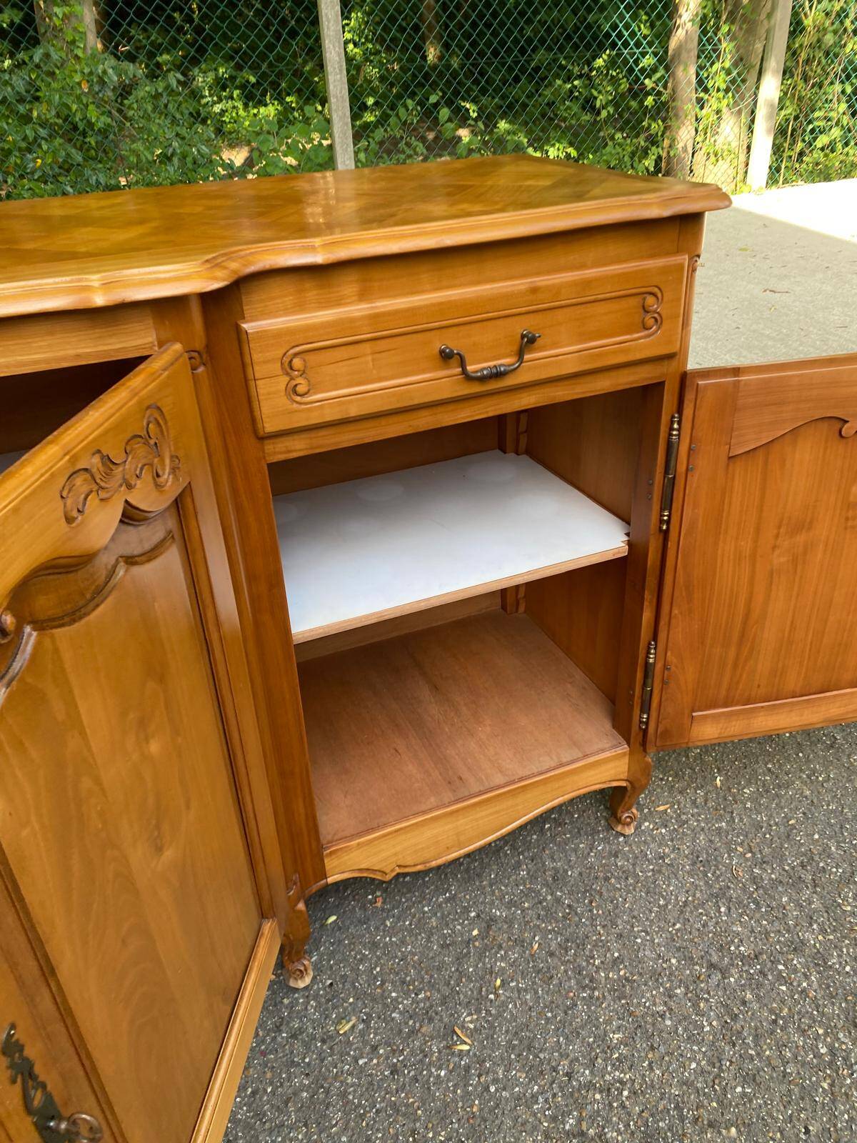 Light solid wood enfilade with Louis XV marquetry, 1950, 230cm.