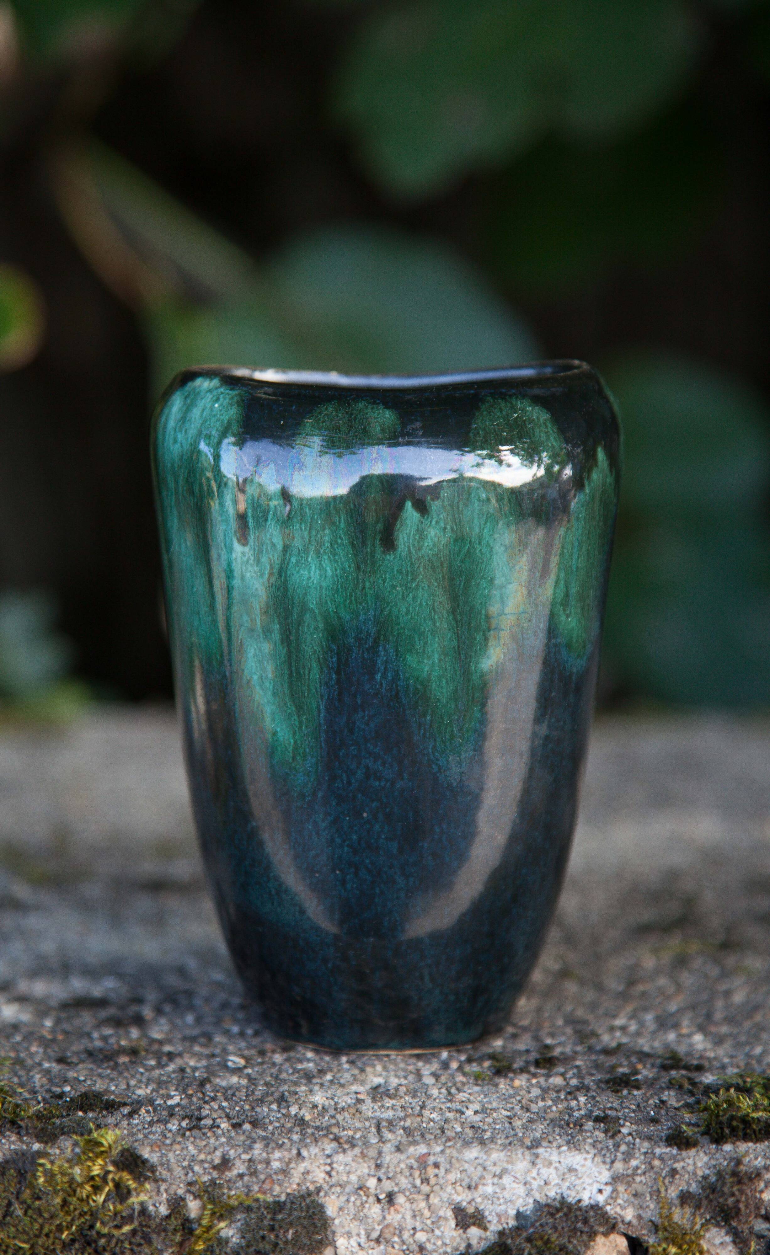 Vase céramique 409/15, vase décoratif, pot à fleurs, vase nuances vert et noir, collection, 60's