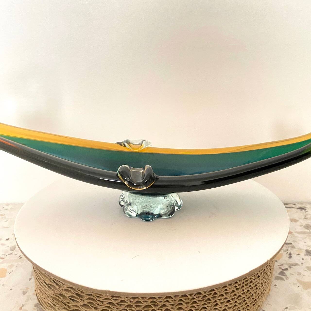 Dark green & amber Murano glass gondola- Sommerso