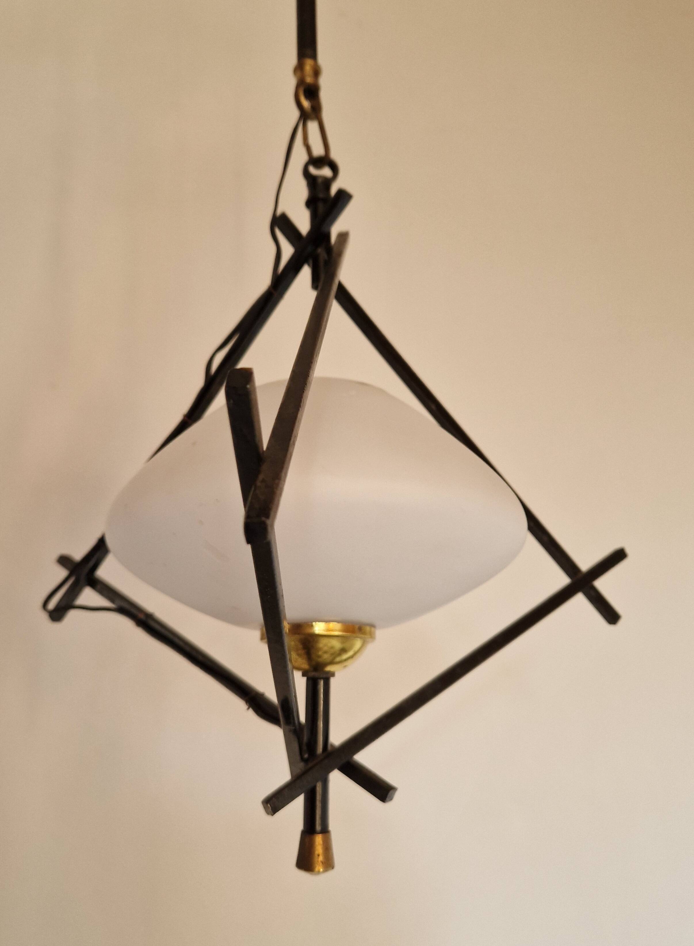 Opaline and metal triangular pendant light from Maison Lunel, 1950