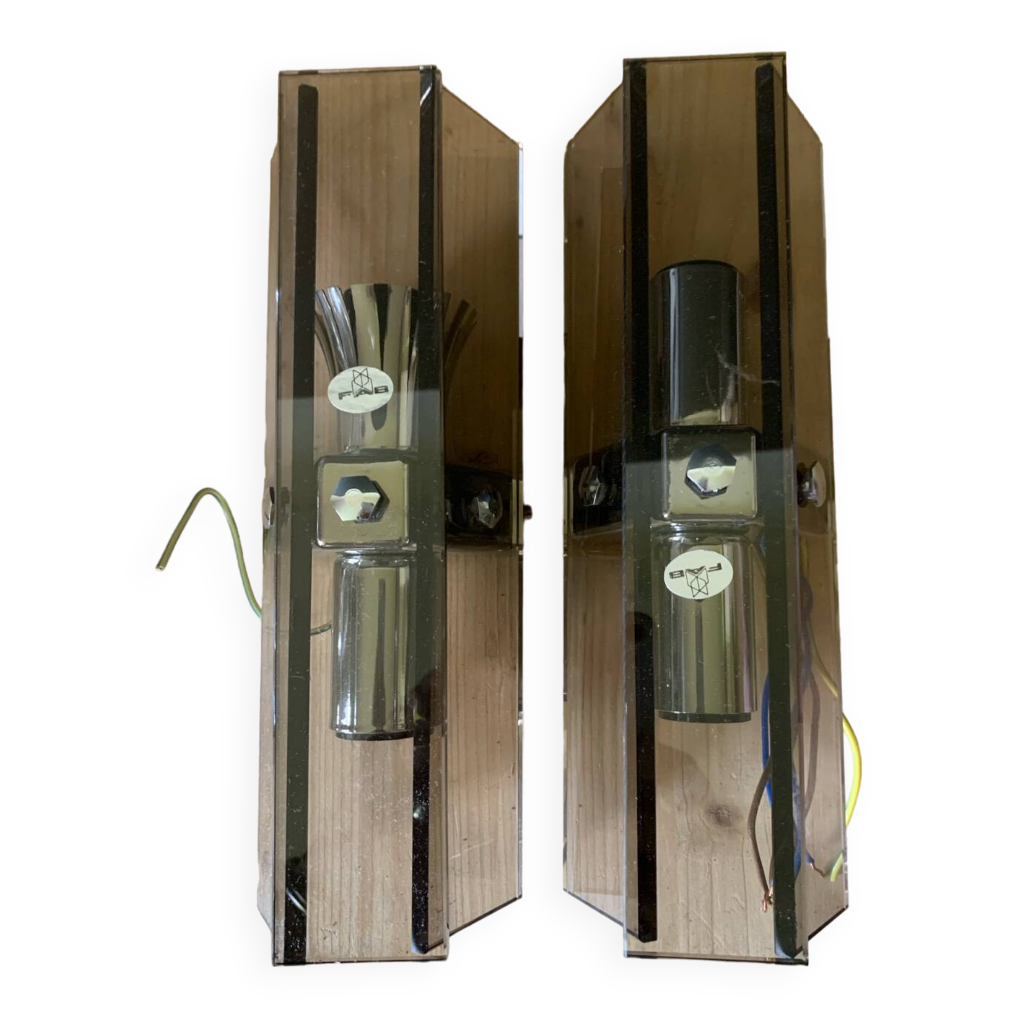 Pair of 70s smoked glass wall lights