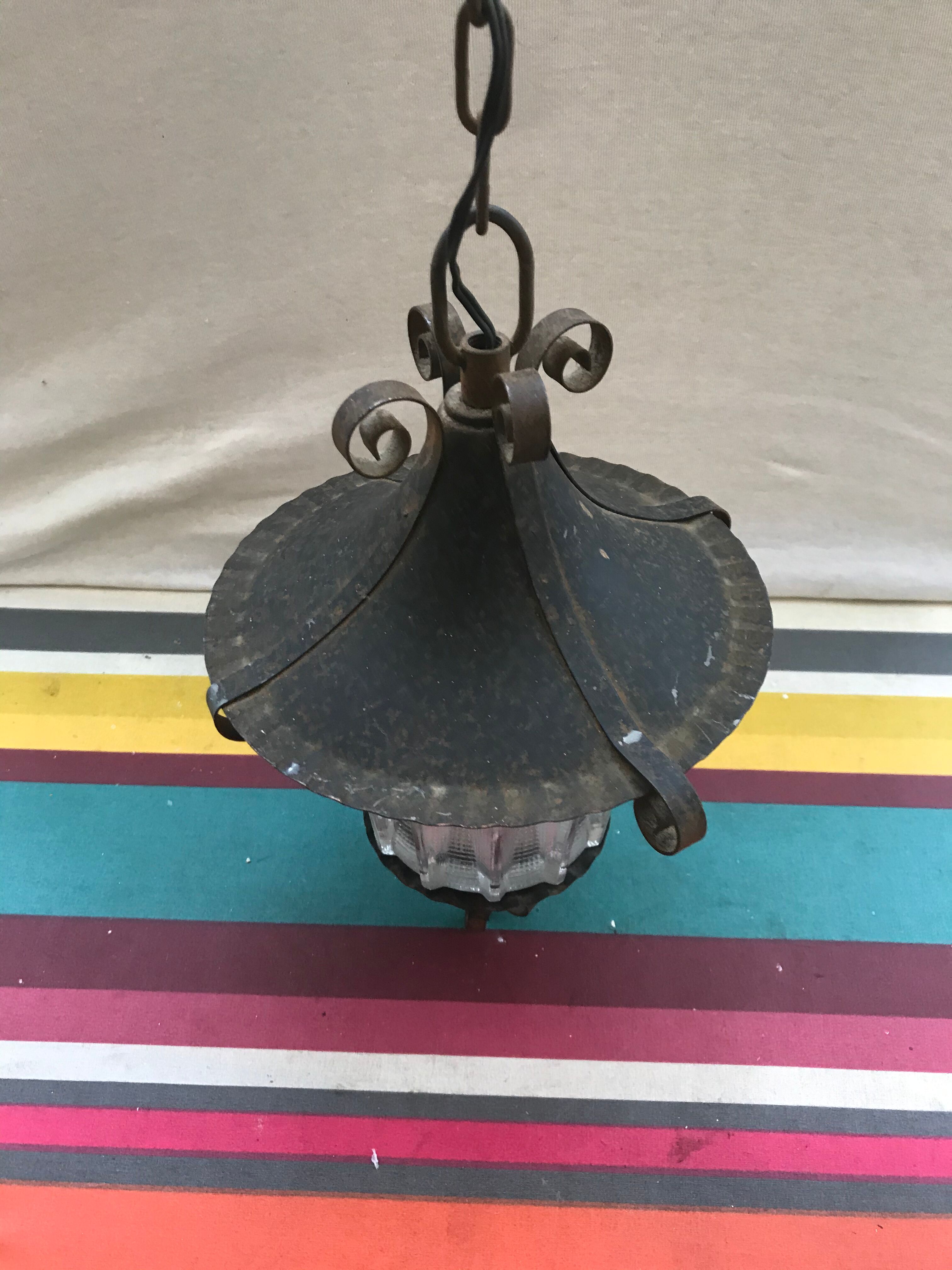 Old black forged iron suspension - vintage moulded glass reflector