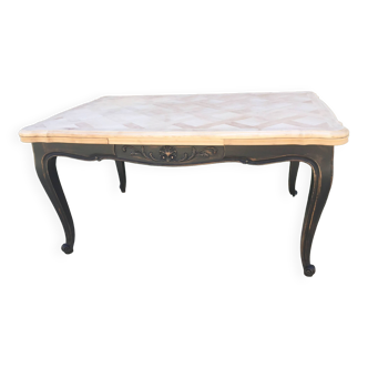 Louis XV style table with black patinated base and natural wood top