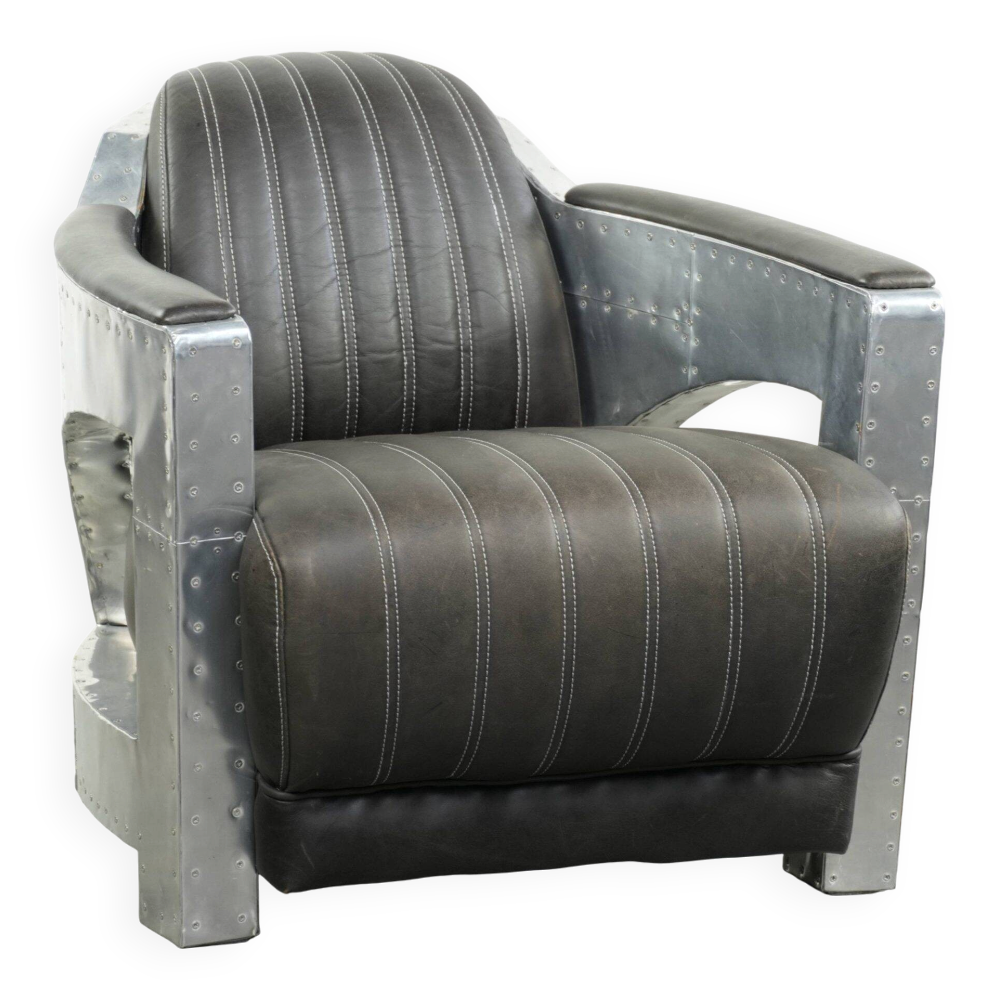 Comfortable cow leather aviator design armchair finished with aluminium