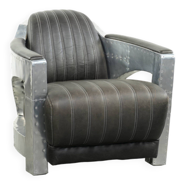 Comfortable cow leather aviator design armchair finished with aluminium