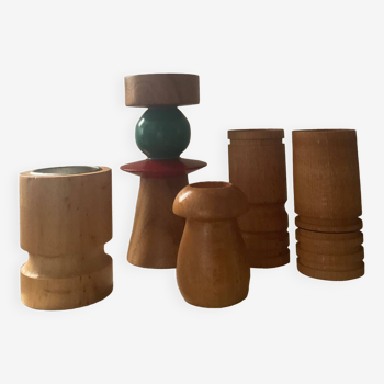 Series of 5 Scandinavian wooden candle holders