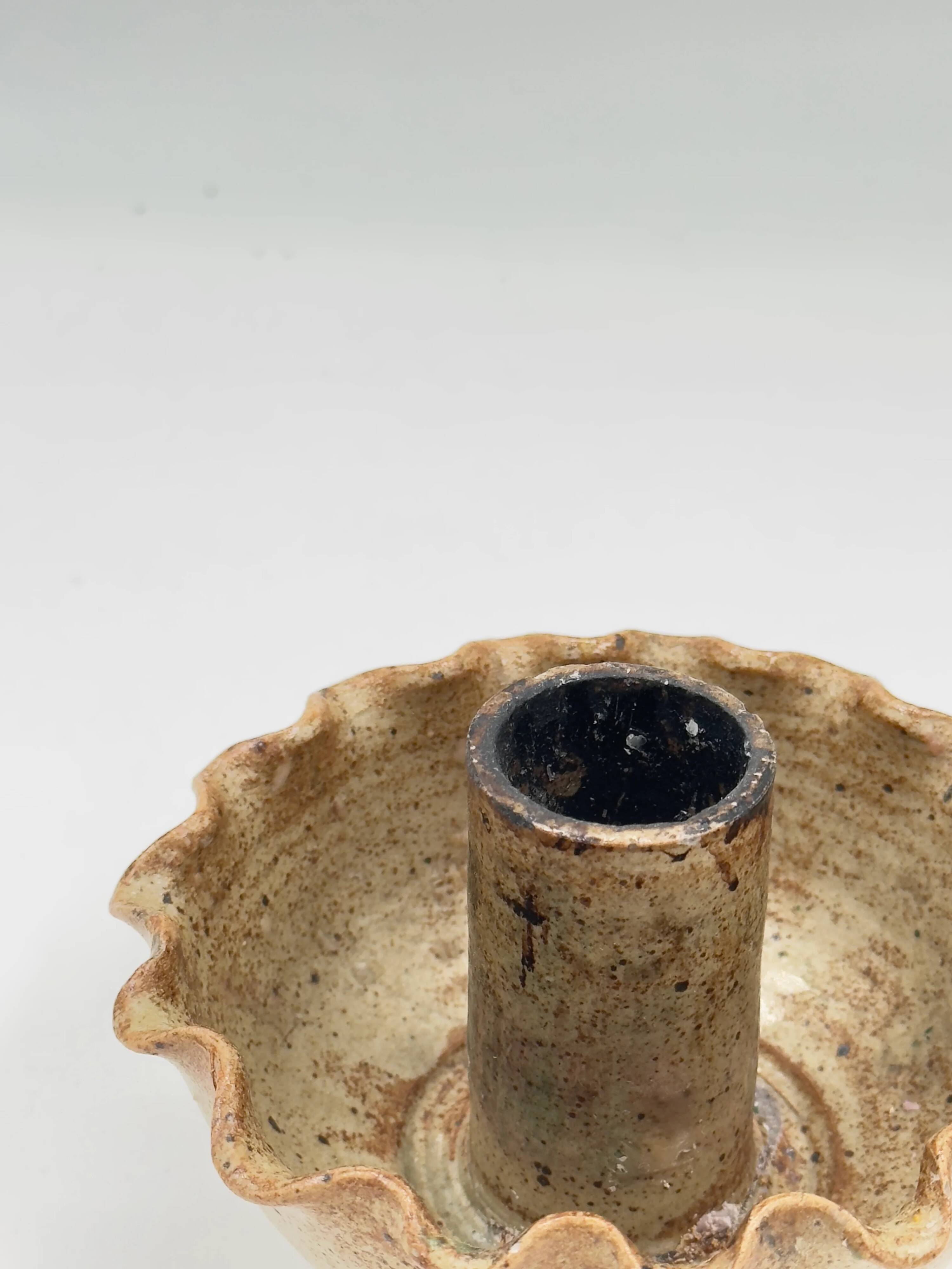 Vintage studio ceramic candlestick, wavy scalloped edge.