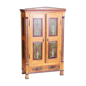 Restored Biedermeier Wardrobe, Spruce, Preserved Original Paintings, Czechia, 1800s