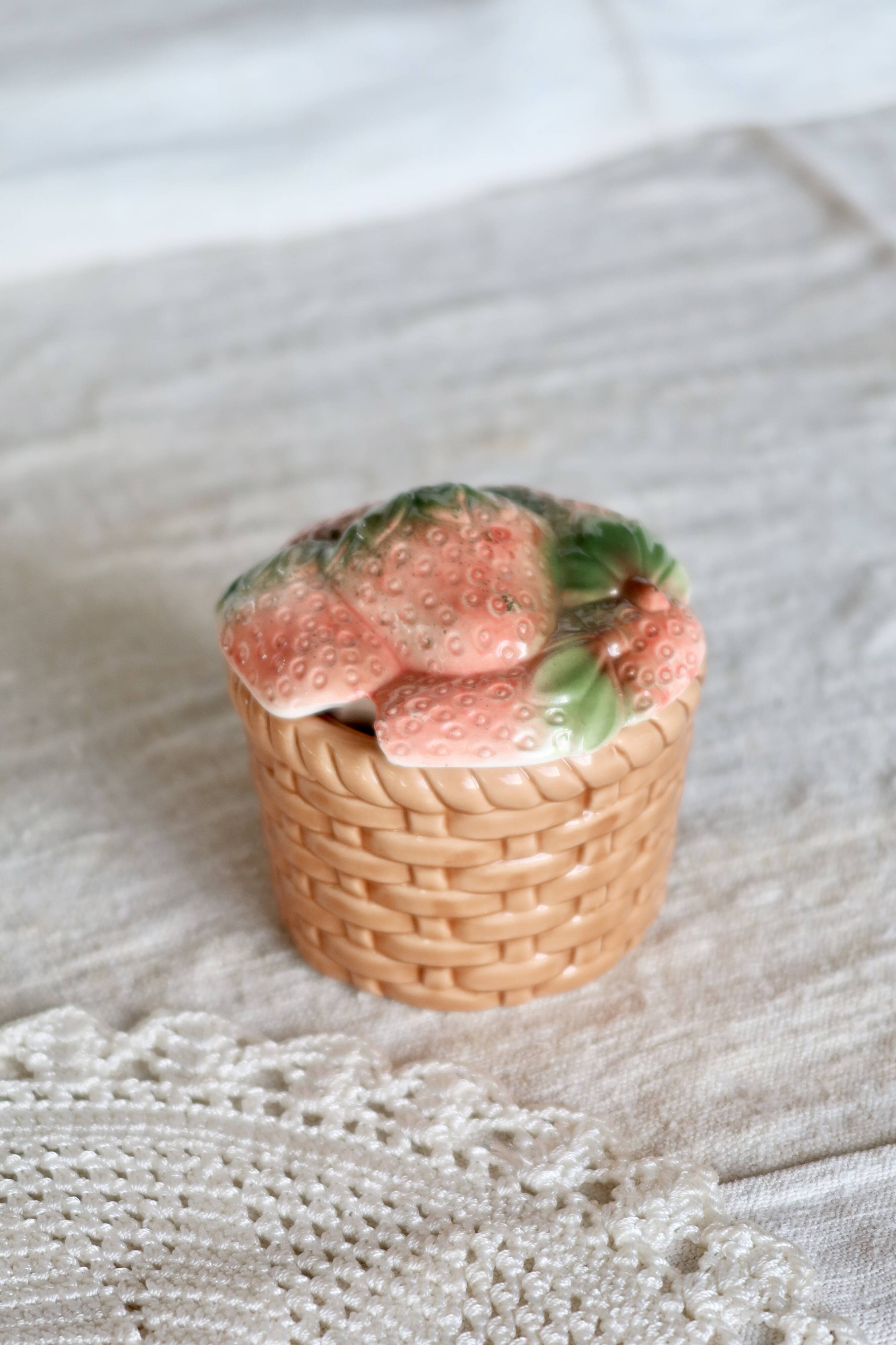Small vintage ceramic sugar bowl with strawberry motif