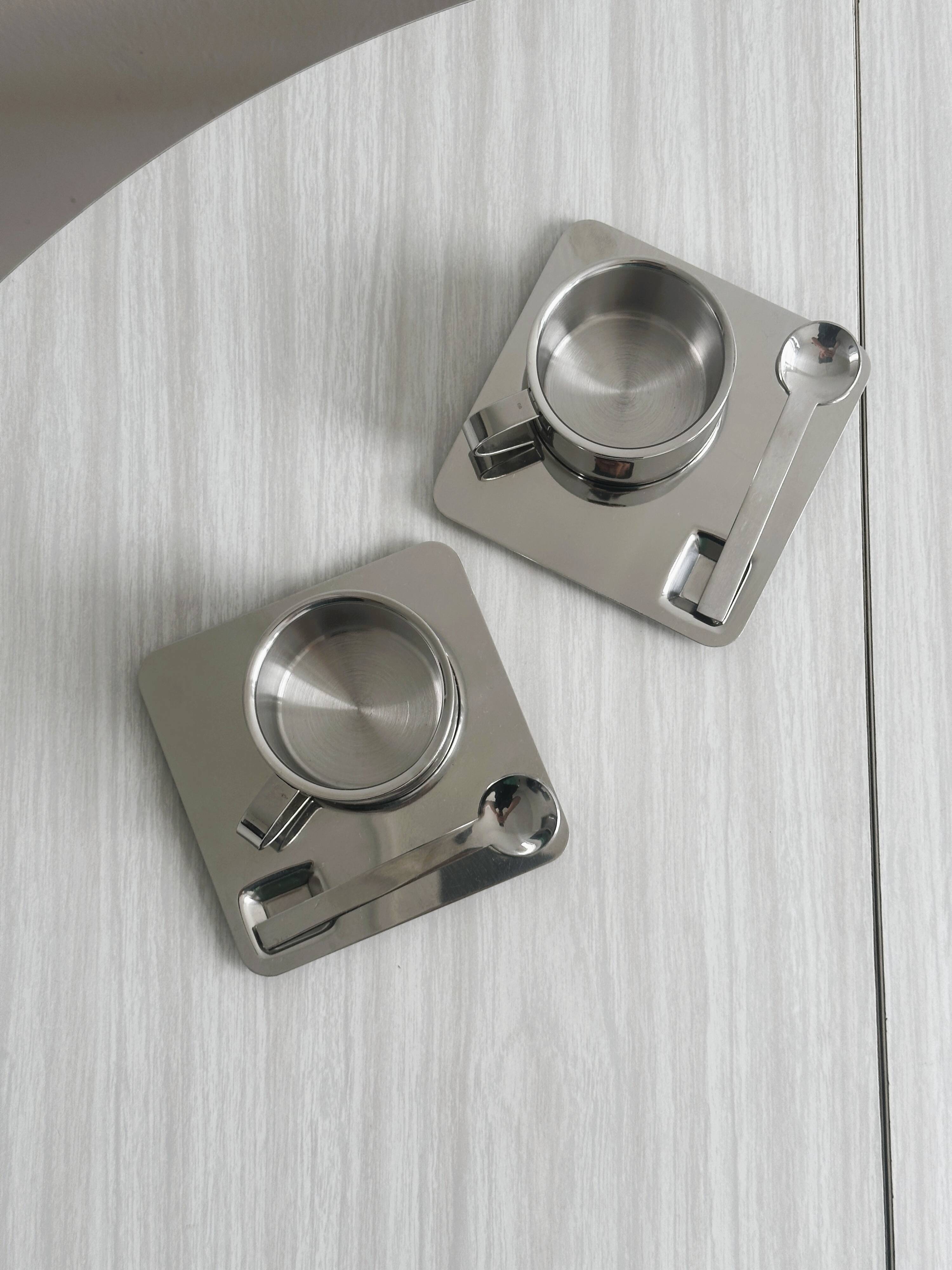 2 stainless steel espresso cups with tray and spoon