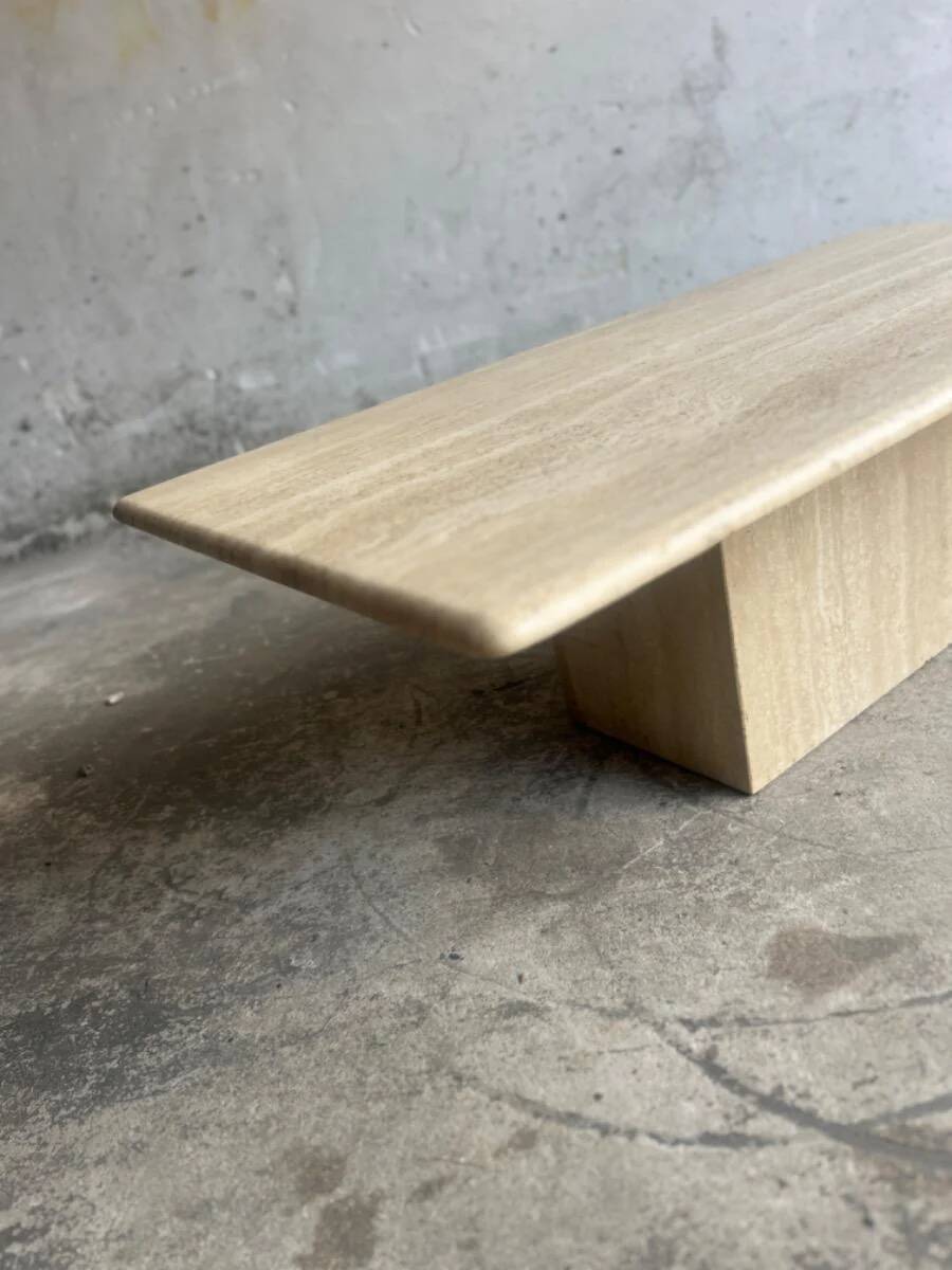 Light beige travertine Italian minimalist coffee table, solid natural stone 1980s
