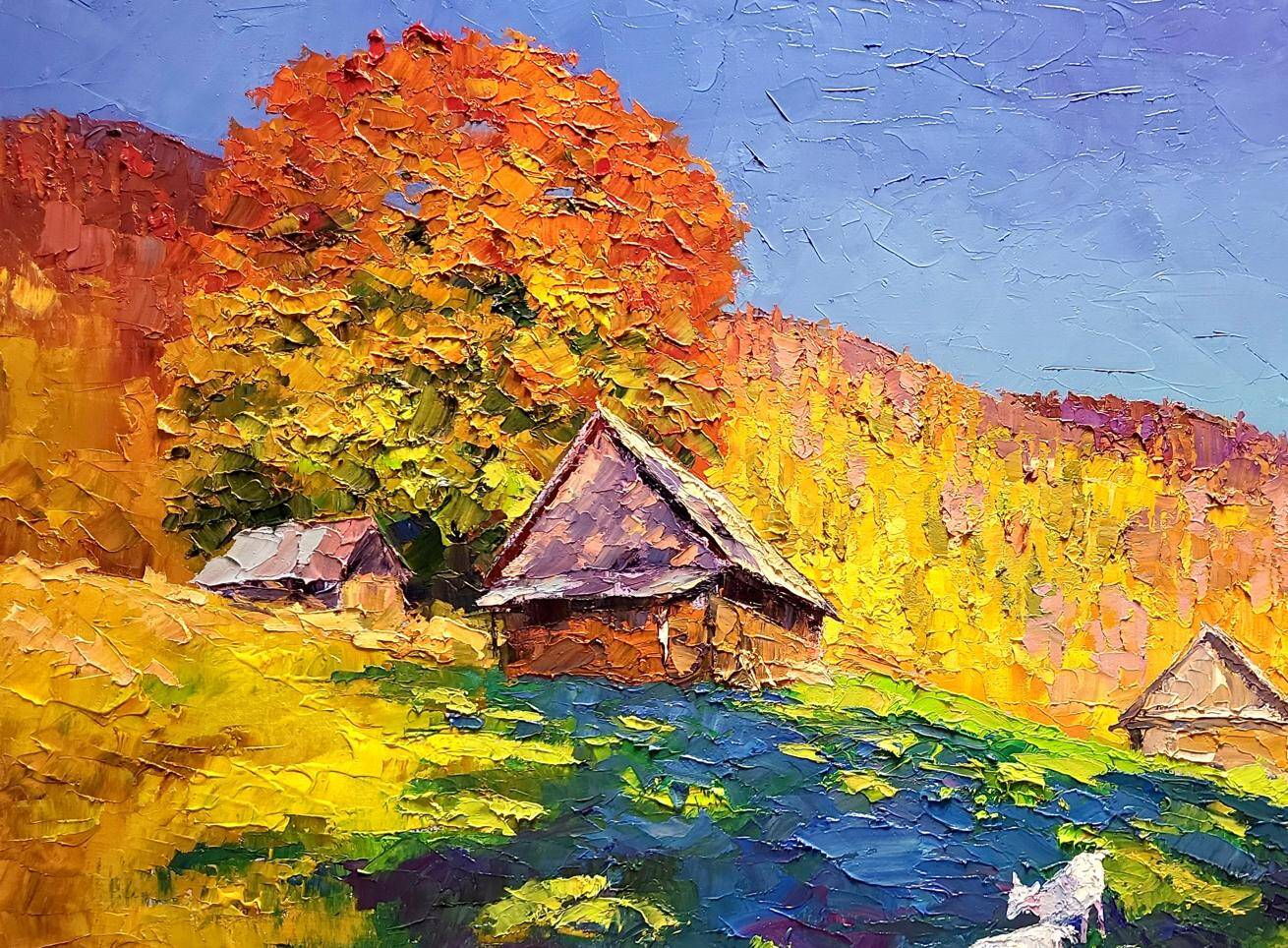 Peinture à l'huile "Rêvant des montagnes des Carpates en automne" par Boris Petrovich Serdyuk