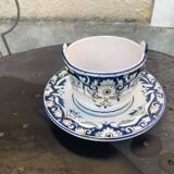 Beurrier, sauciere en faience Vieux Rouen, fait main, made in france, motif floral, vintage