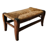 Small bench stool footrest in wood and vintage straw