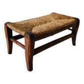 Petit banc tabouret repose pieds en bois et paille vintage