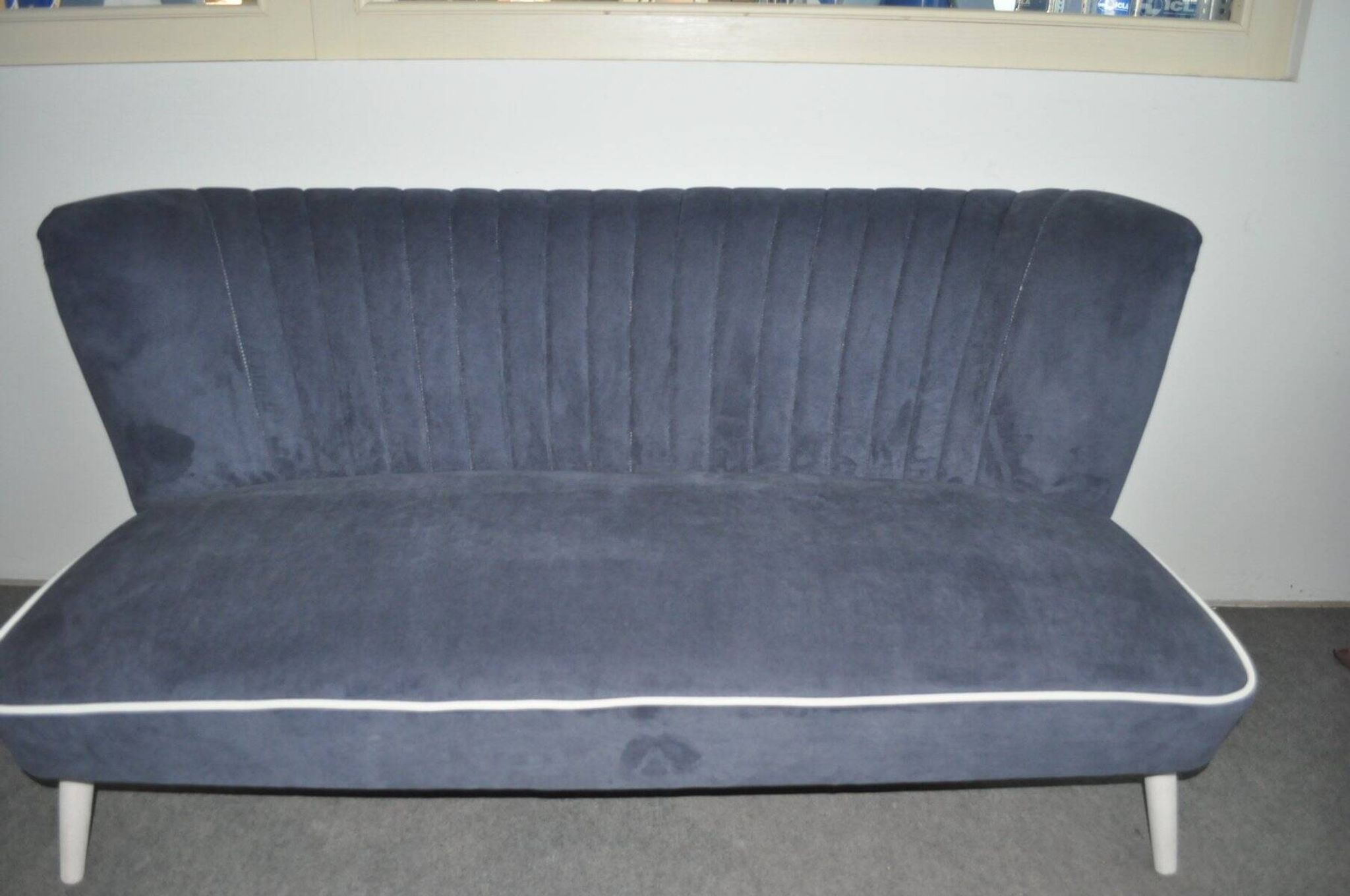 Blue fabric cocktail canapé with beech legs, 1950s style.