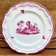 6 old flat table plates, Gien earthenware, pink landscape model.
