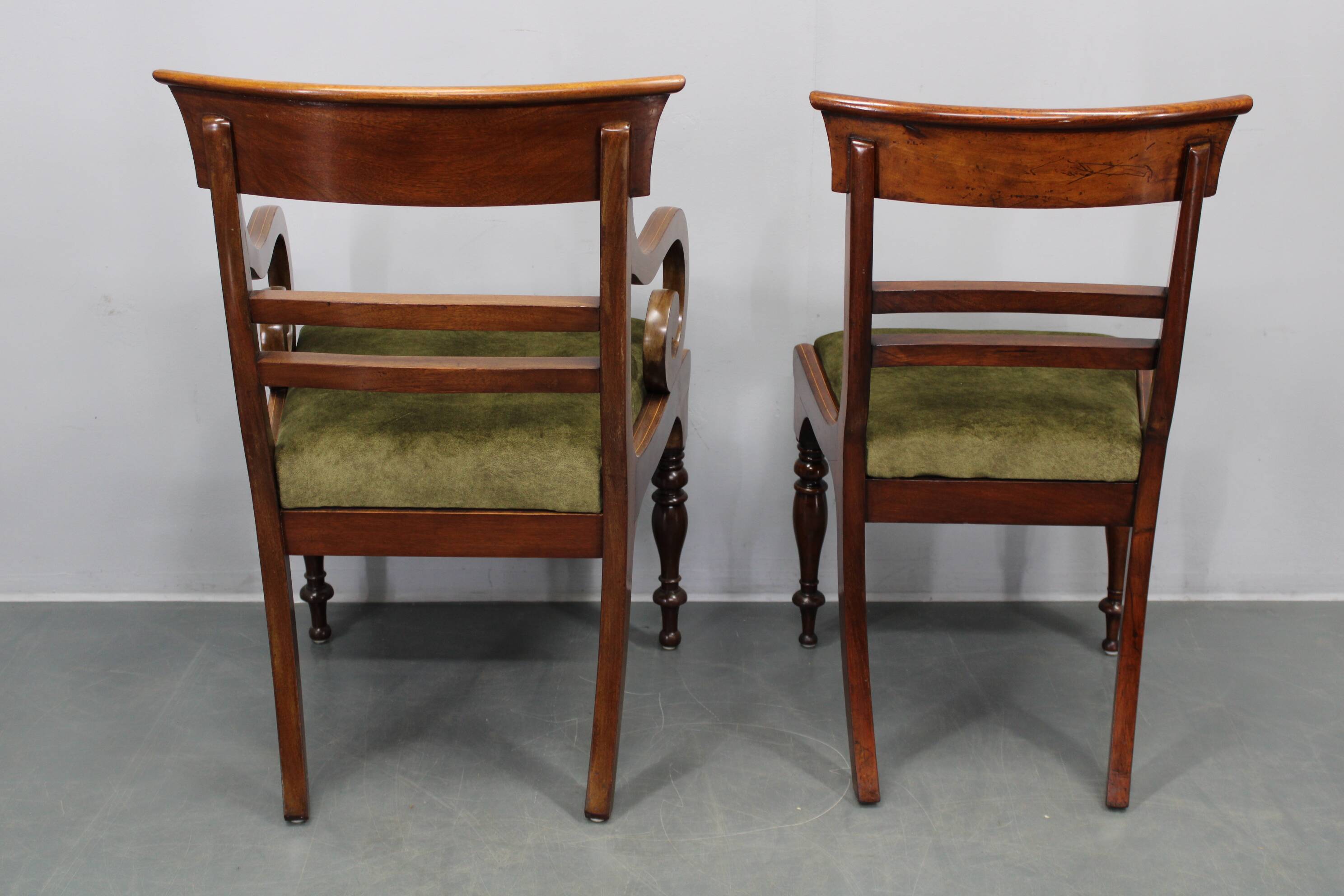 French Art Deco walnut dining chair set with armchairs, France 1930s