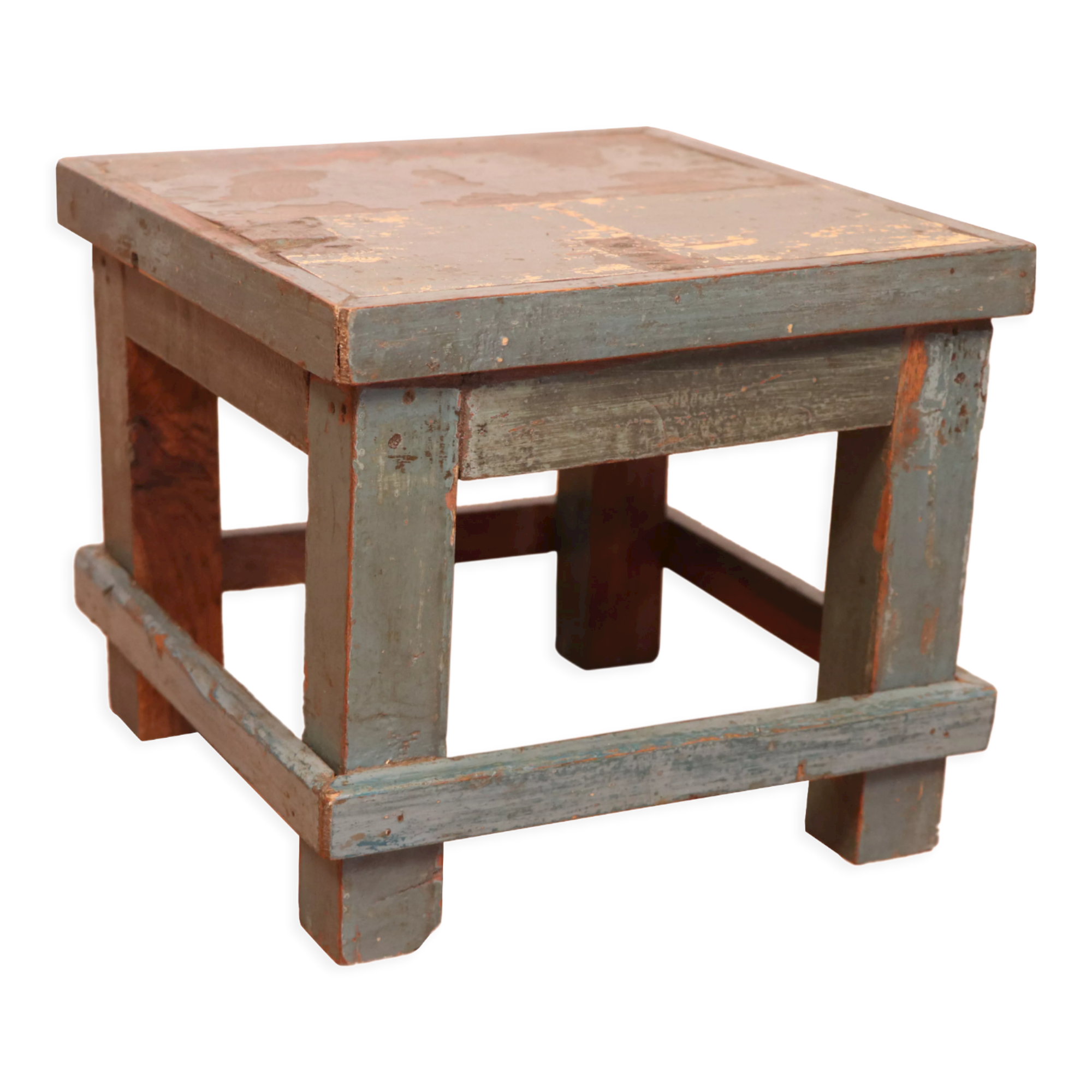 Old workshop bedside table in original blue patina Burmese teak