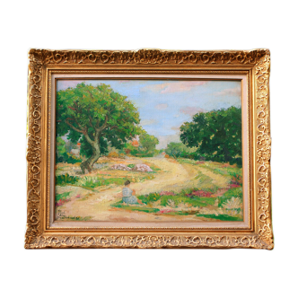 Landscape to the woman sitting in the grass of Paul Alex Deschmacker