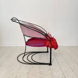 Postmodern Sculptural Armchair in Black Metal and Pink Red Silk Padding, 1980