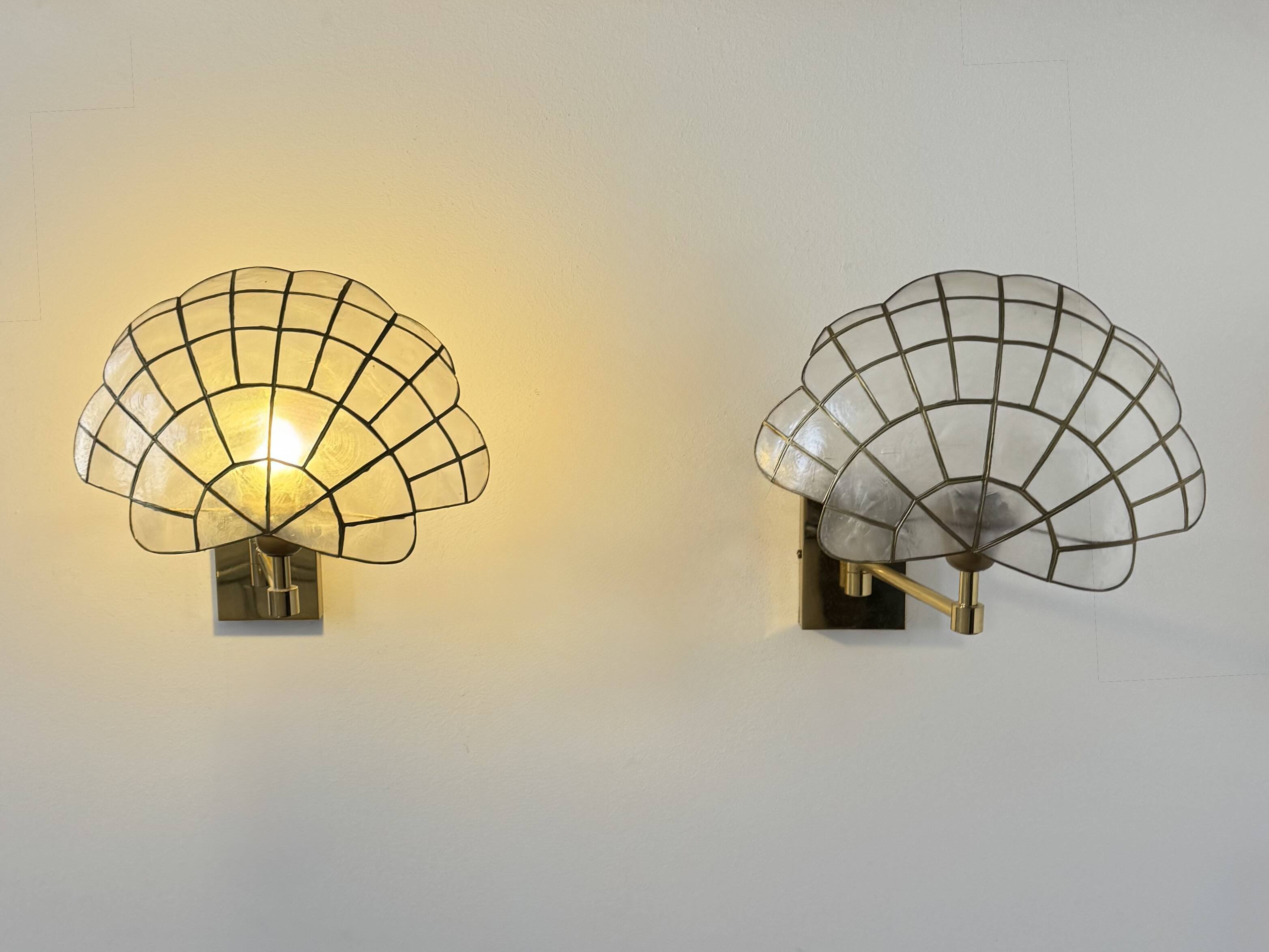 Pair of adjustable vintage wall lights, brass and mother-of-pearl, France, 1980.