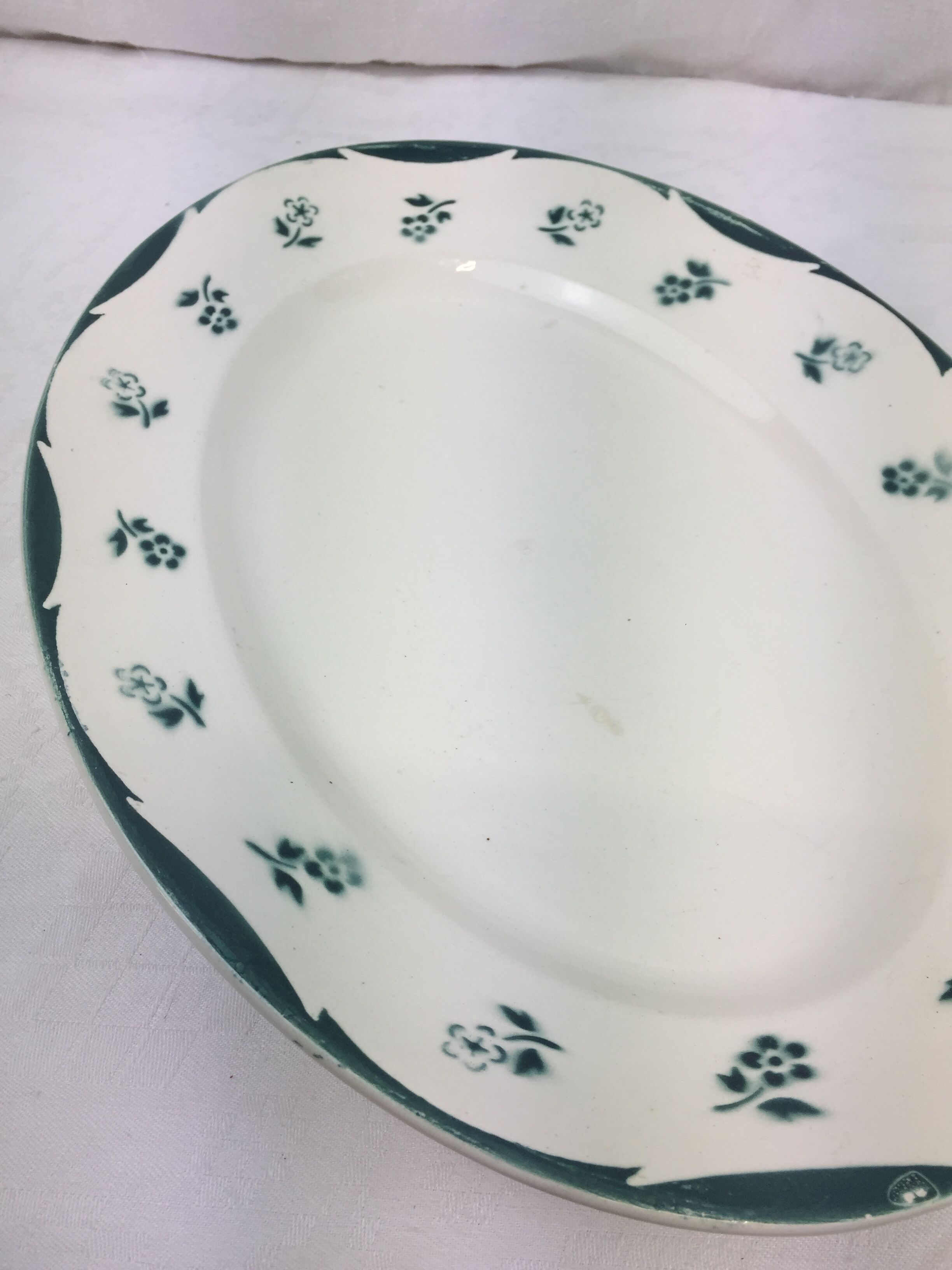 Antique oval dish made in France Digoin Sarreguemines, green flower decoration