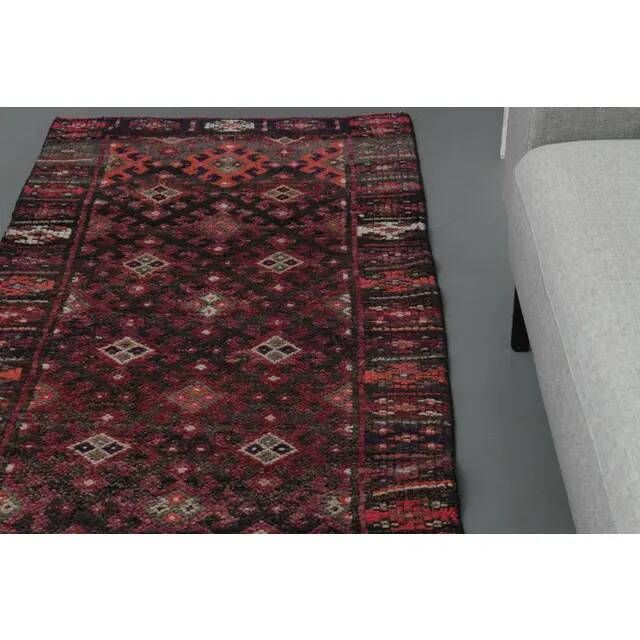 1970s Vintage Turkish Handmade Wool & Cotton Pink Runner Rug 84x392